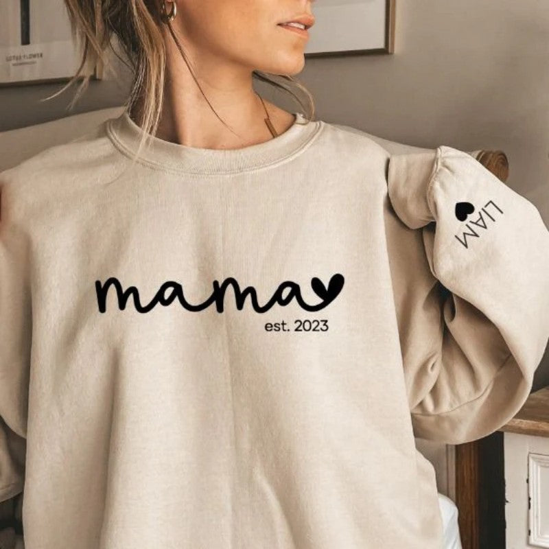 Custom Est Year Mama Sweatshirt, Custom Mother's Day Sweatshirt, with Children's Names on the Sleeve