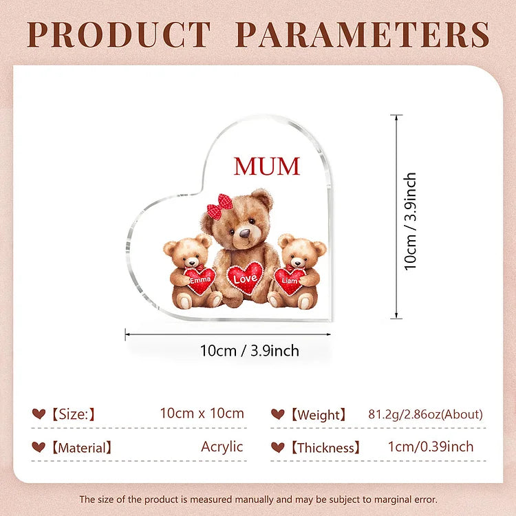 Mother's Day Gift Personalized Mom Acrylic Heart Keepsake Custom Text Love Cute Bear Ornaments Gift for Grandma/Mother