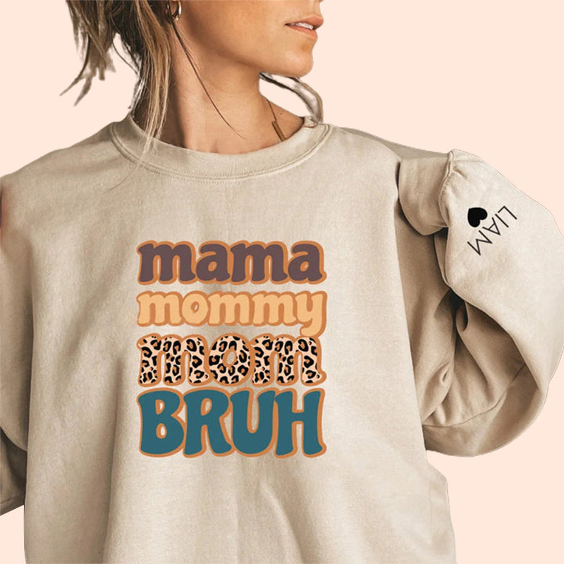 Personalized Mama Mommy Mom Bruh leopard Sweatshirt,with Children Names on Sleeve,Mothers Day, Gift for Mom