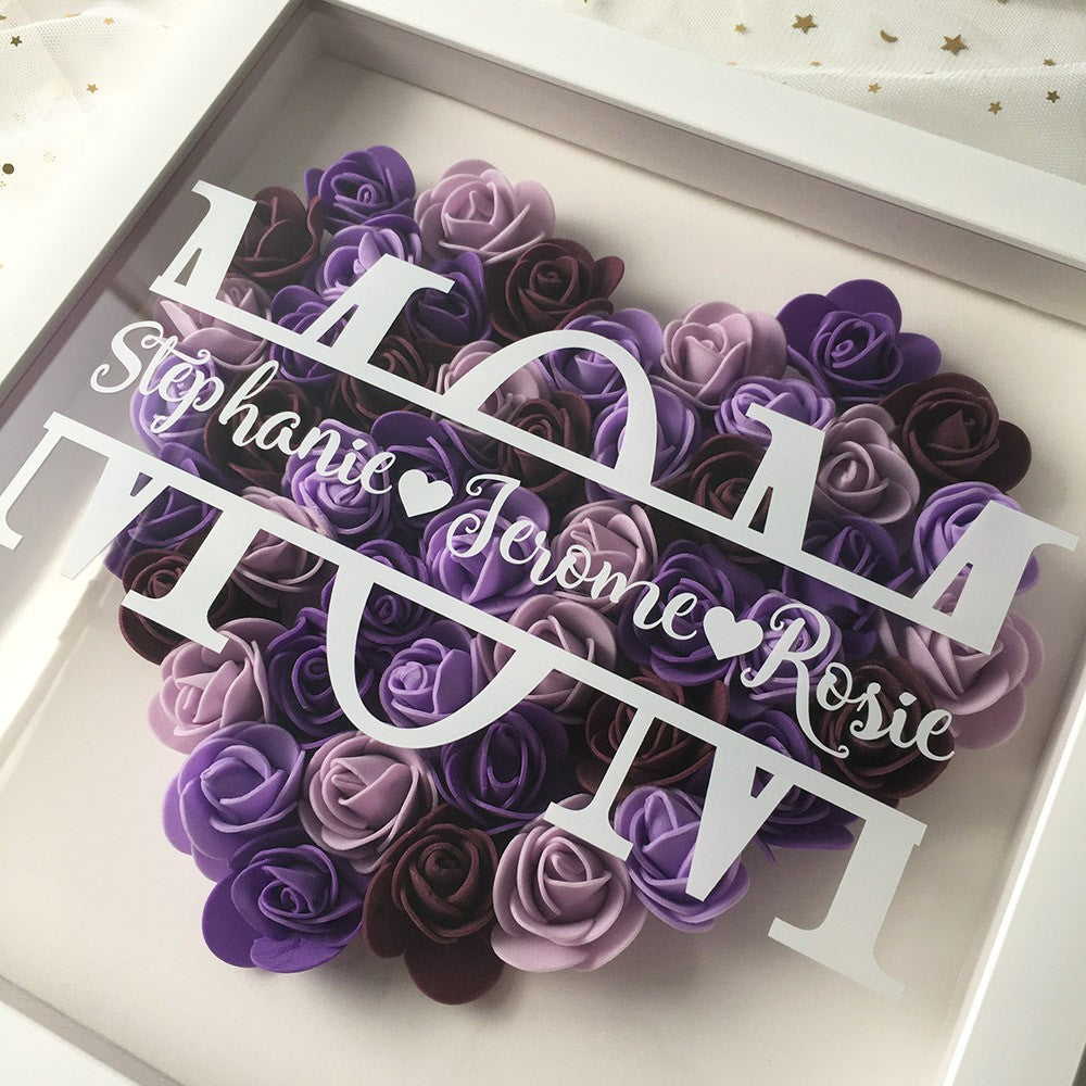 Personalized Flower Heart Shadow Box , Custom Name Rose Frame , Flower Shadowbox For Mom , Wood Flower Frame