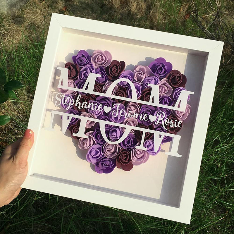 Personalized Flower Heart Shadow Box , Custom Name Rose Frame , Flower Shadowbox For Mom , Wood Flower Frame