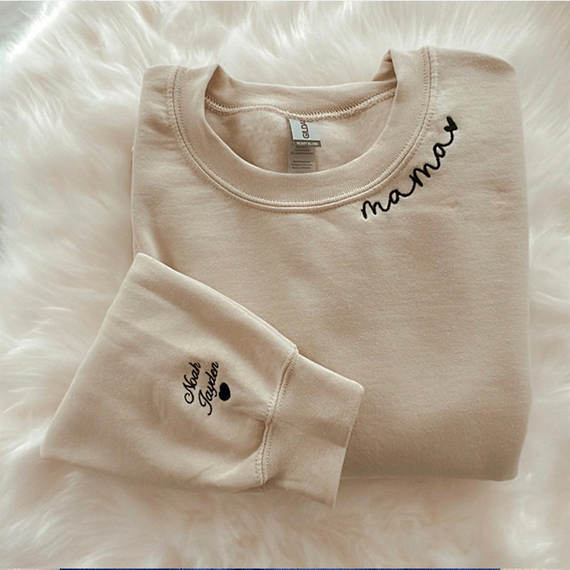 Custom Mama Embroidered Sweatshirt with Kids Names sleeve-New Mom Gift Personalized