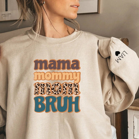 Personalized Mama Mommy Mom Bruh leopard Sweatshirt,with Children Names on Sleeve,Mothers Day, Gift for Mom