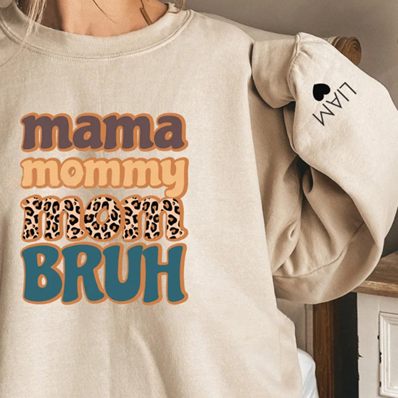 Personalized Mama Mommy Mom Bruh leopard Sweatshirt,with Children Names on Sleeve,Mothers Day, Gift for Mom