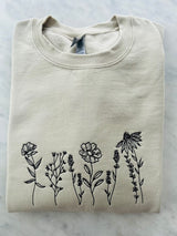 Embroidered wildflowers Sweatshirt, Minimalistic embroideredFlower Crewneck