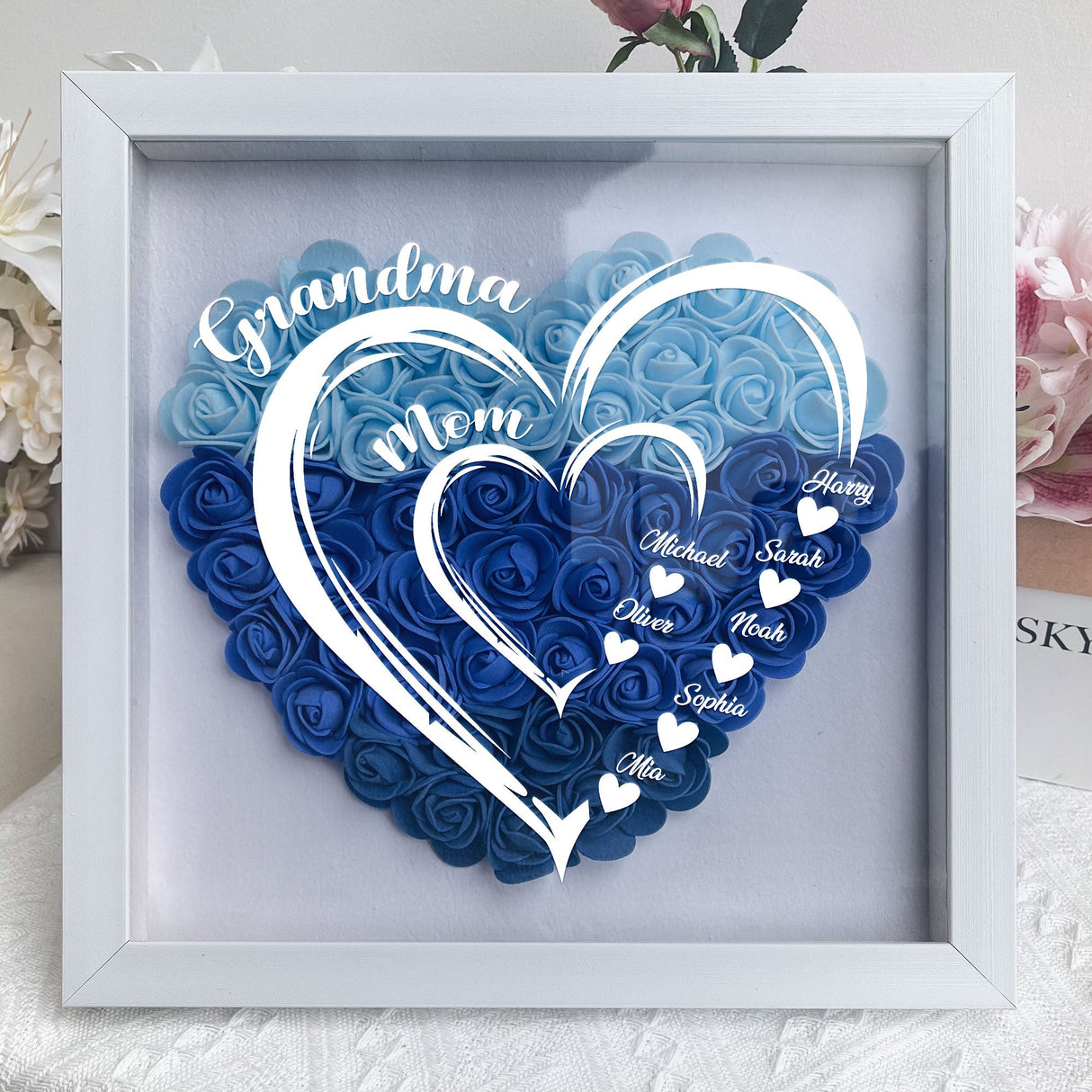 Grandma Hearts Mommy Hearts - Personalized Flower Shadow Box