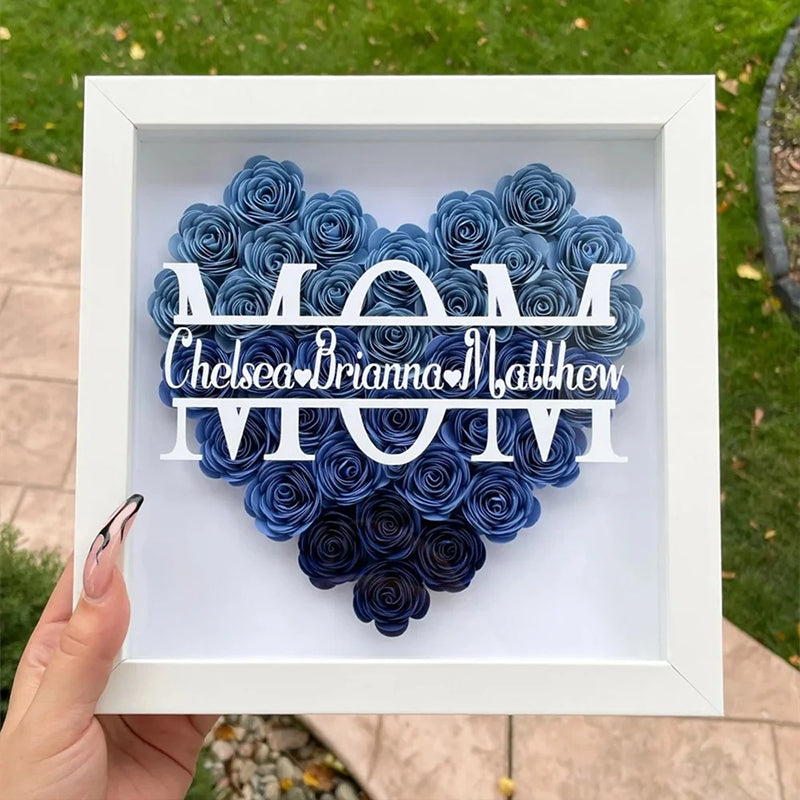 Personalized Flower Heart Shadow Box , Custom Name Rose Frame , Flower Shadowbox For Mom , Wood Flower Frame