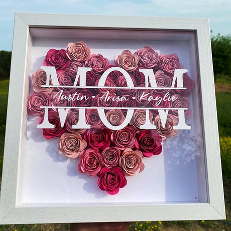 Personalized Flower Heart Shadow Box , Custom Name Rose Frame , Flower Shadowbox For Mom , Wood Flower Frame