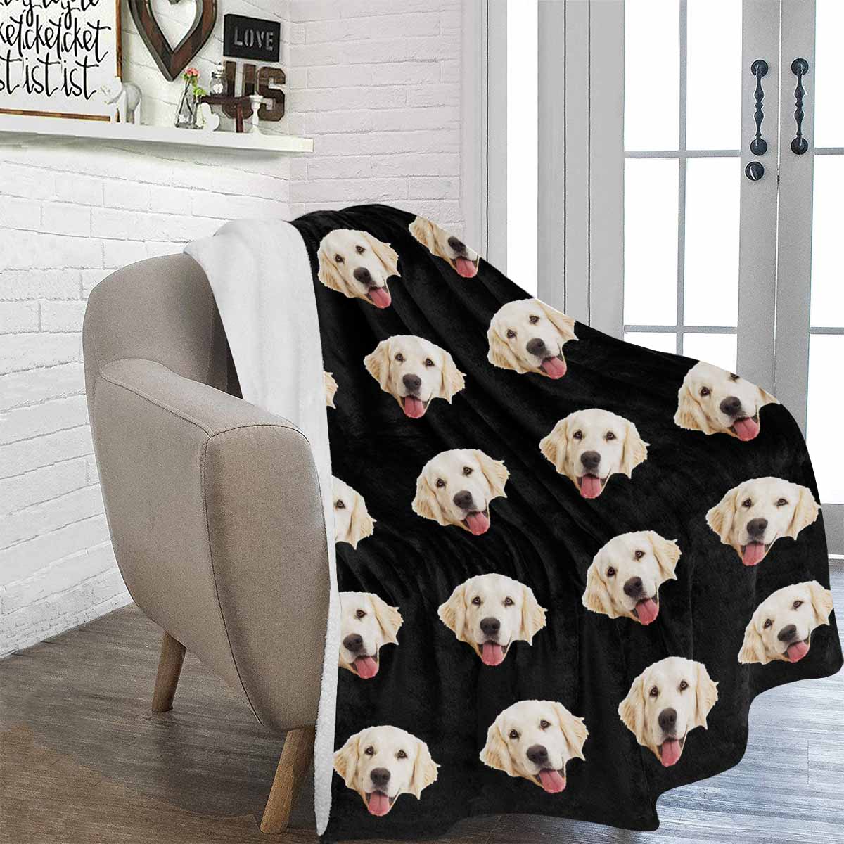 Personalized Dog Portrait Throw Blanket, Custom Blanket With Photo, Custom Pet Face Black Ultra-Soft Micro Fleece Blanket, Customized Throw Blanket For Kids/Adults/Family Gift