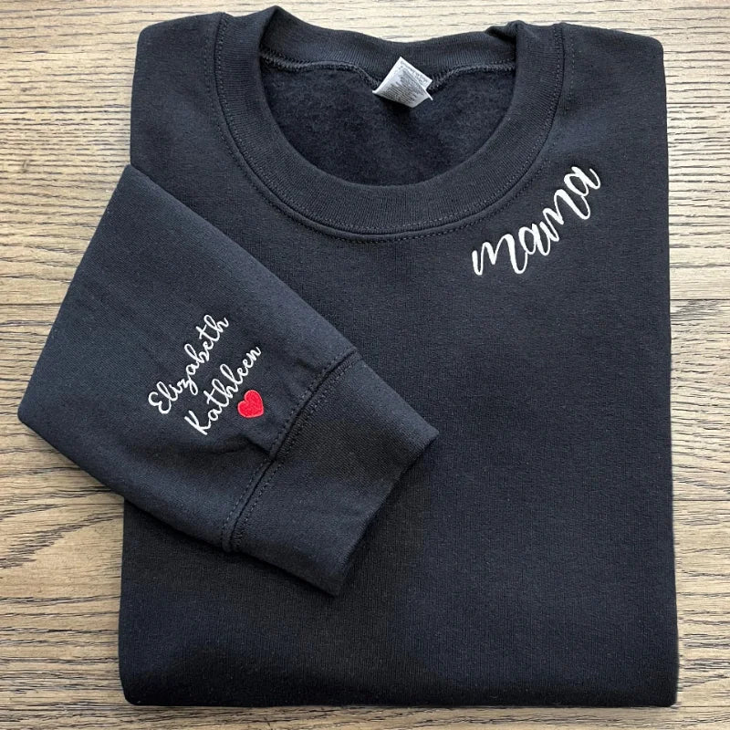 Custom Mama Embroidered Sweatshirt with Kids Names sleeve-New Mom Gift Personalized