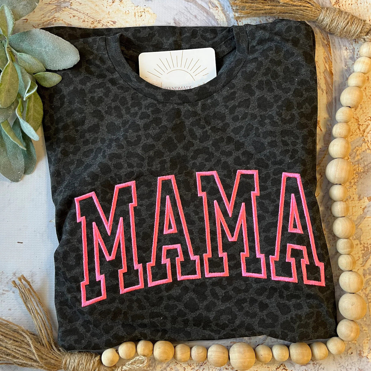 Black Monochromatic Glitter Leopard MAMA Embroidered T-Shirt