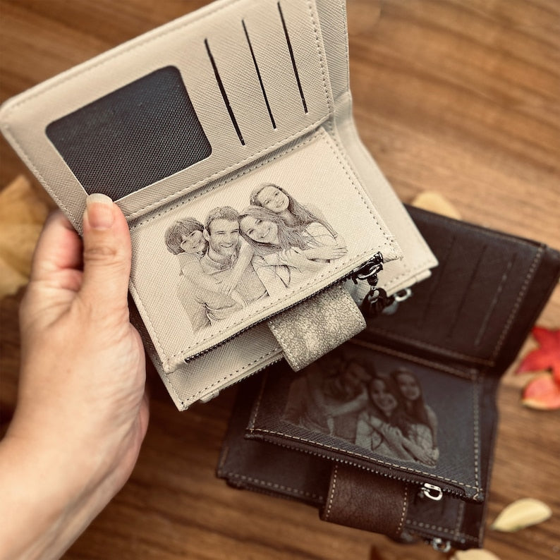 Engraved Photo Purse for Women - Customized Vegan Leather Wallet - Zippered Clutch - Gift For Mom