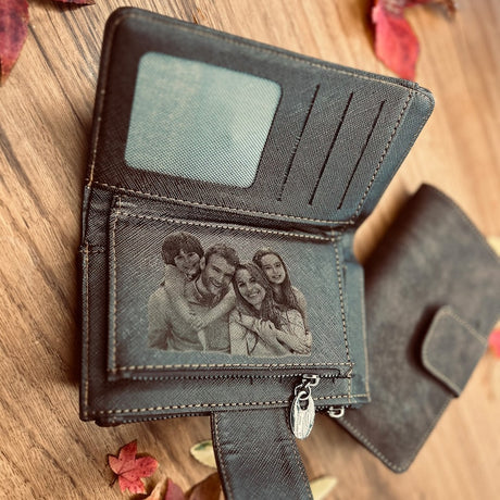 Engraved Photo Purse for Women - Customized Vegan Leather Wallet - Zippered Clutch - Gift For Mom