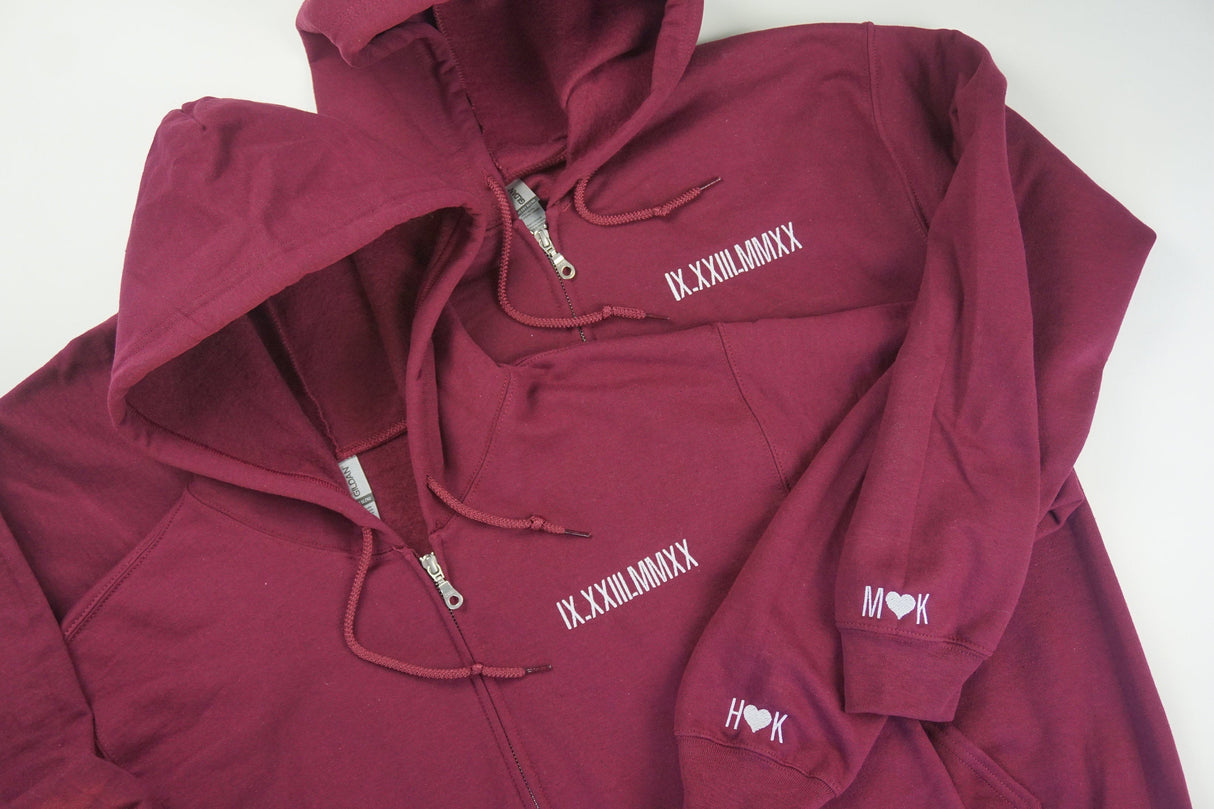 Roman Numerals Anniversary Embroidered Zip Up Hoodie | Embroidered Hoodie | Couples Hoodie Gift | Sweatshirt | Anniversary Date Hoodie