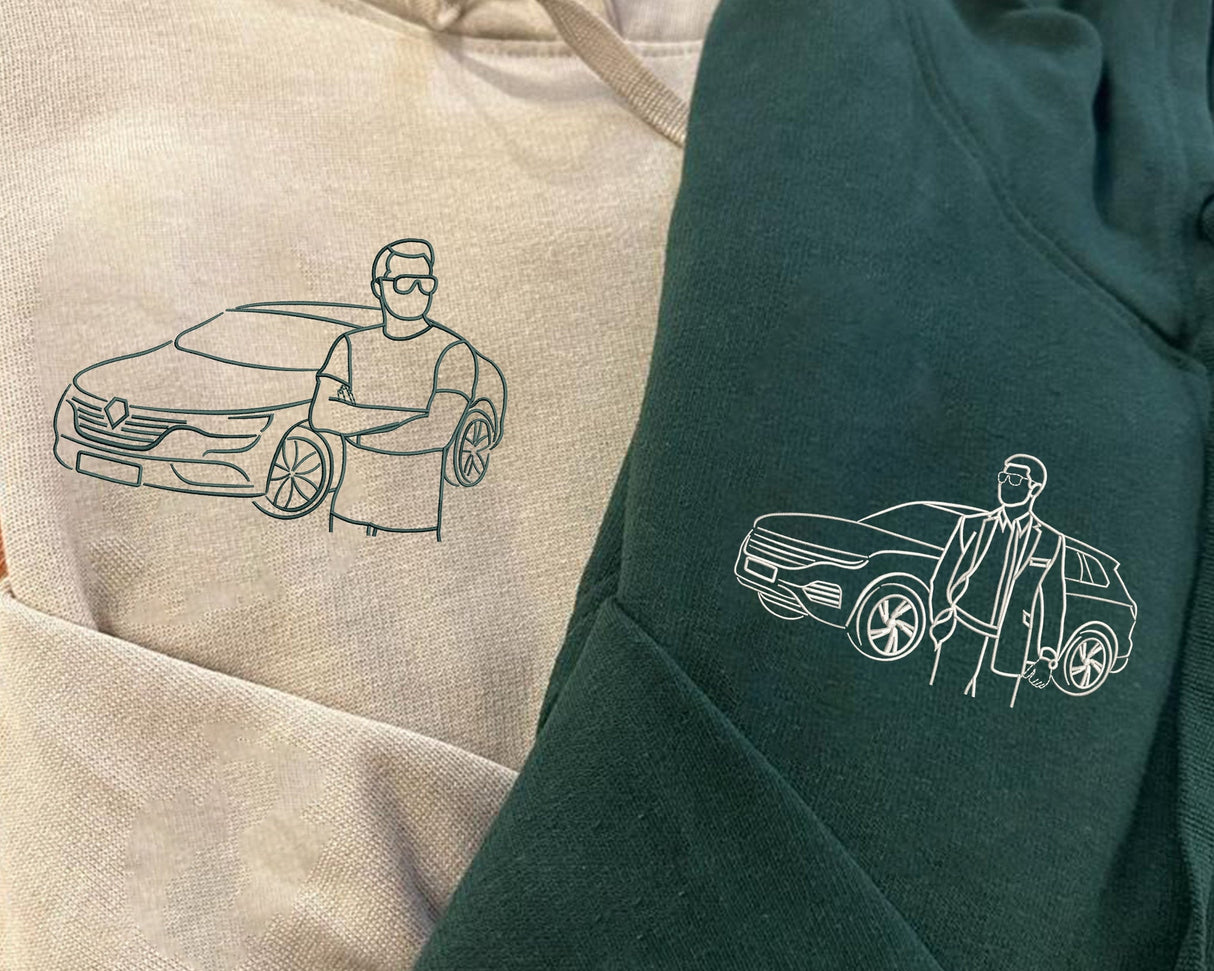 Custom Car Embroidered Photo Hoodie, Outline Car Portrait from Photo Jumper, Personalised Sketch Couples Hoody, Memorial Car Lover Guy Gift