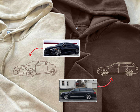 Custom Car Embroidered Photo Hoodie, Outline Car Portrait from Photo Jumper, Personalised Sketch Couples Hoody, Memorial Car Lover Guy Gift