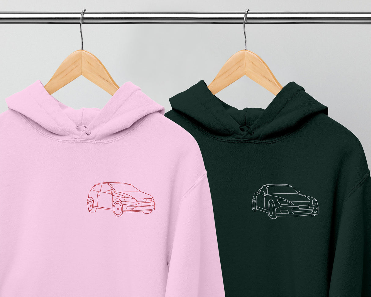 Custom Car Embroidered Photo Hoodie, Outline Car Portrait from Photo Jumper, Personalised Sketch Couples Hoody, Memorial Car Lover Guy Gift