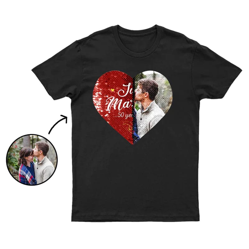 Personalized T-shirt Heart Shaped Sequin with Custom Photo Design Creative Gift for Couples