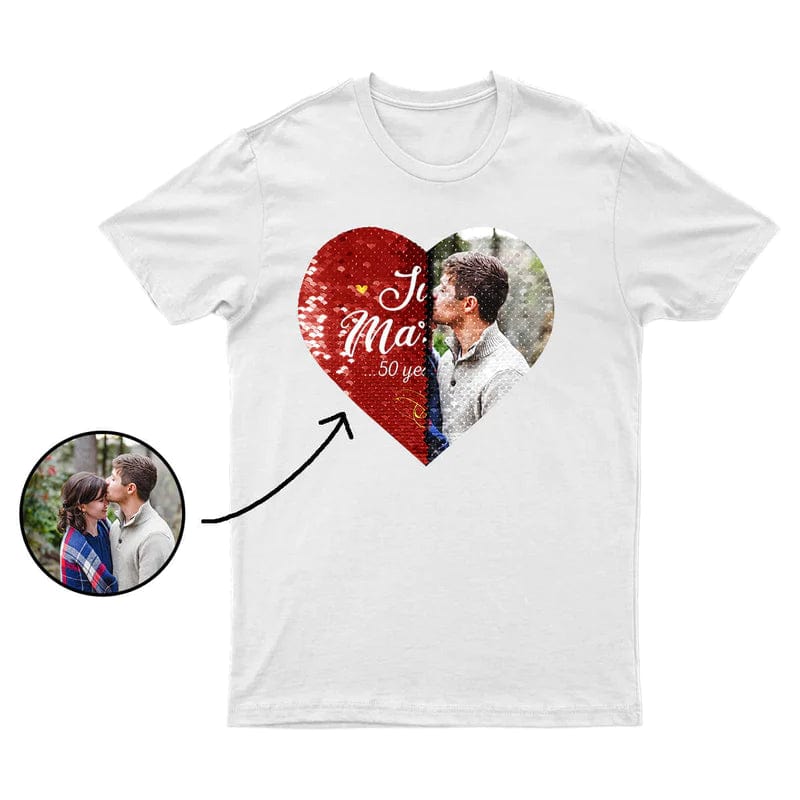 Personalized T-shirt Heart Shaped Sequin with Custom Photo Design Creative Gift for Couples