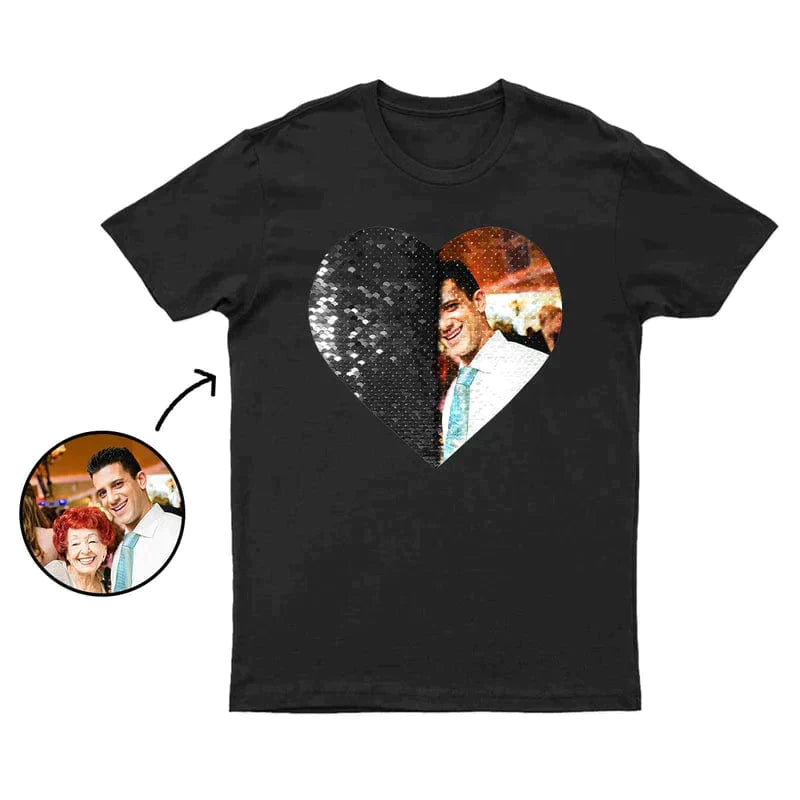 Personalized T-shirt Heart Shaped Sequin with Custom Photo Design Creative Gift for Couples